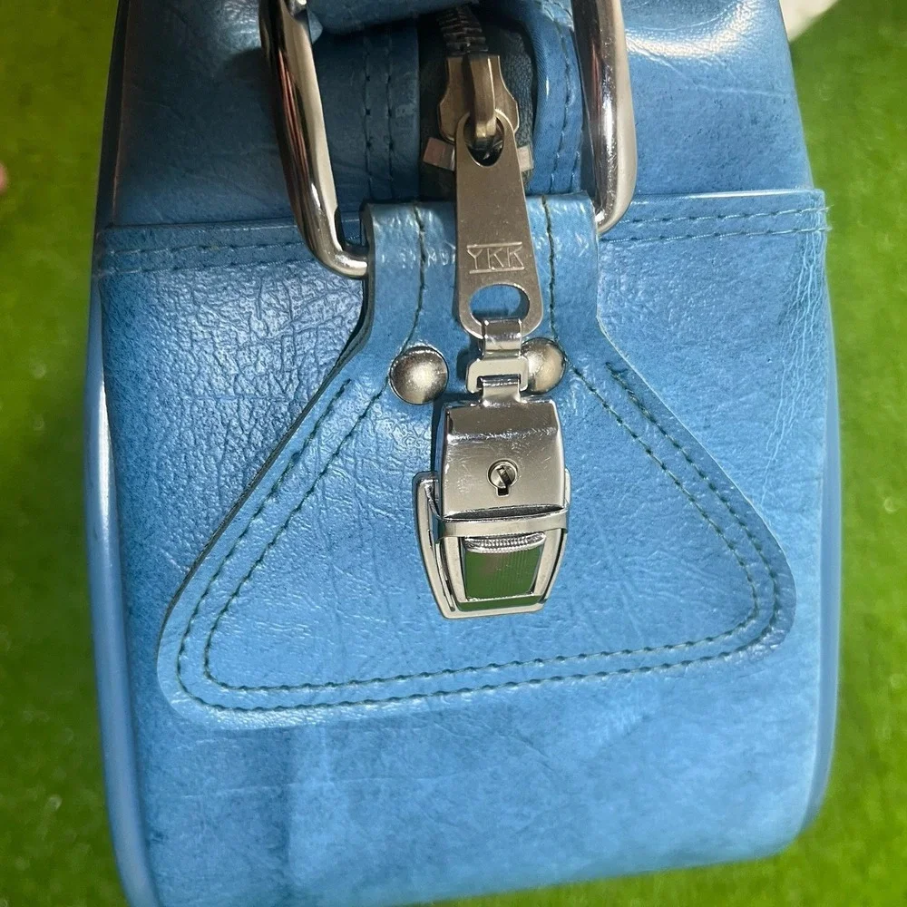 Vintage Blue Leather Duffle Bag 1960s Carry On Weekender American Tourister MINT